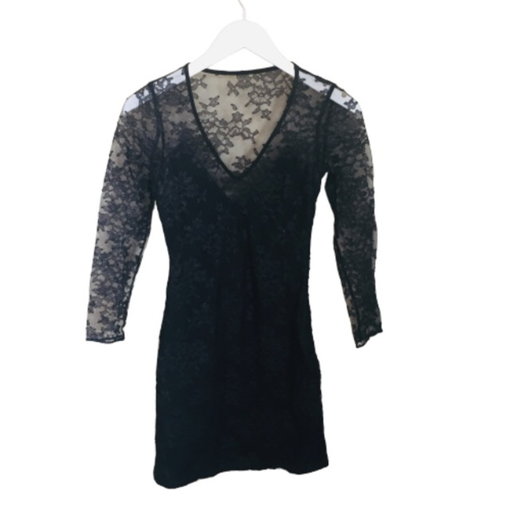 EXPRESS V Cut Long Sleeve Cocktail Dress With Lace Overlay Black Size Small - Picture 5 of 9